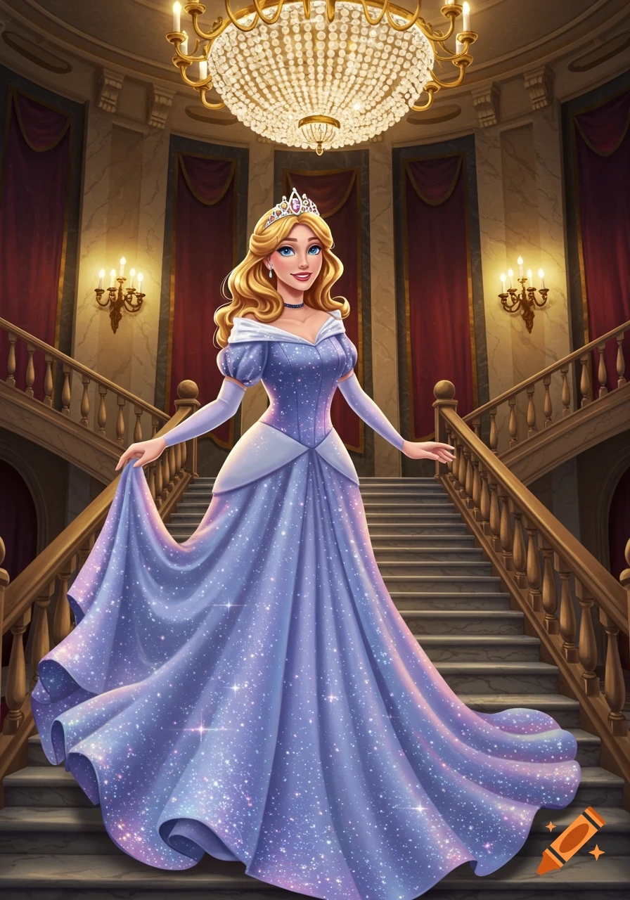 A blonde princess in a sparkling purple ball gown stands on a grand staircase in a lavish palace under a chandelier.