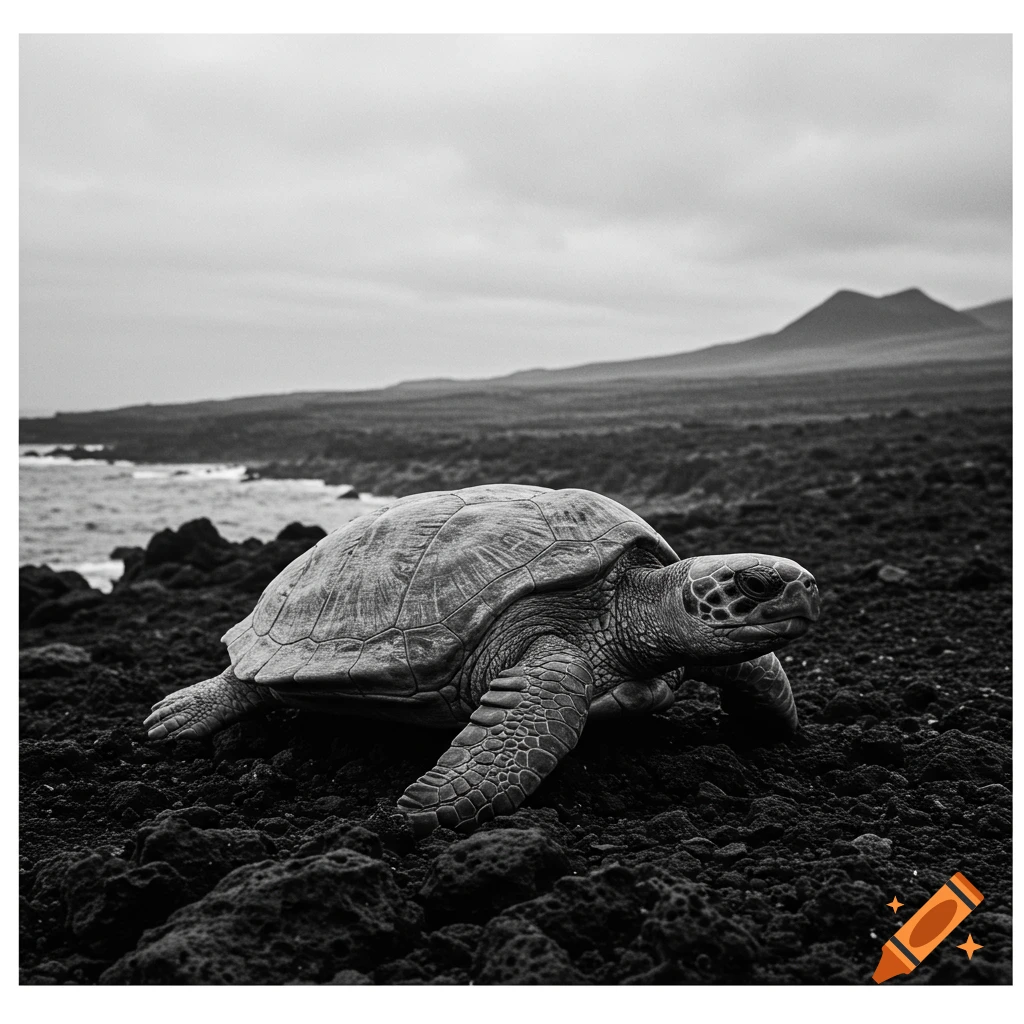 A large turtle crawls across a black volcanic rock beach, with the ocean and mountains in the background in a black and white photograph.
