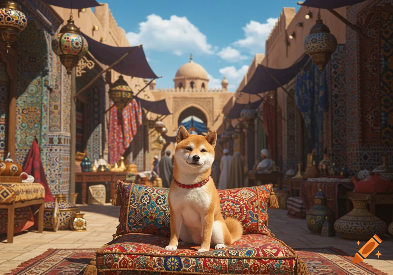 A photorealistic image of a small Shiba Inu dog sitting on ornate cushions in a vibrant Arabian market setting under a clear blue sky.