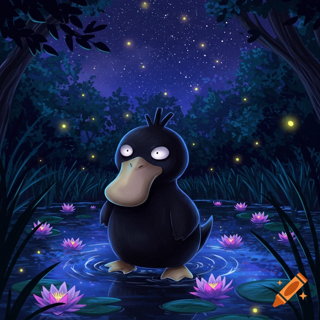 A black Psyduck stands in a glowing pond with pink lily pads under a starry night sky, surrounded by trees and fireflies.