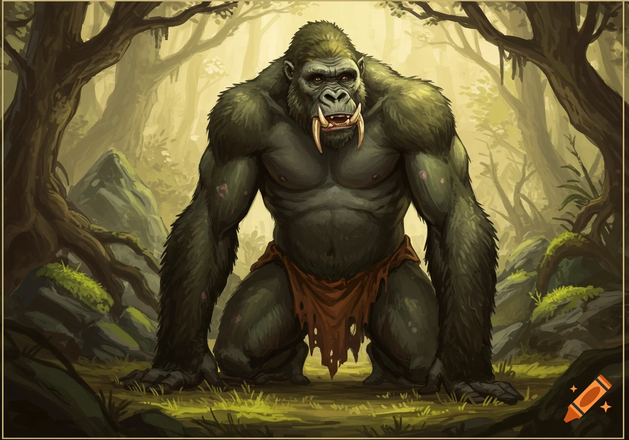A large, muscular, green-gray gorilla-like creature with tusks and a red loincloth crouches in a lush fantasy jungle.