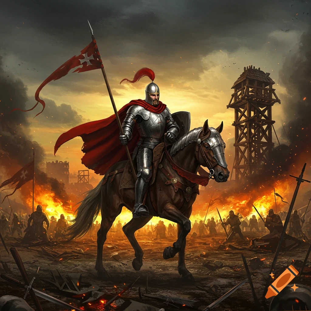 A medieval knight in shining armor rides a horse through a fiery, chaotic battlefield with soldiers and siege structures.