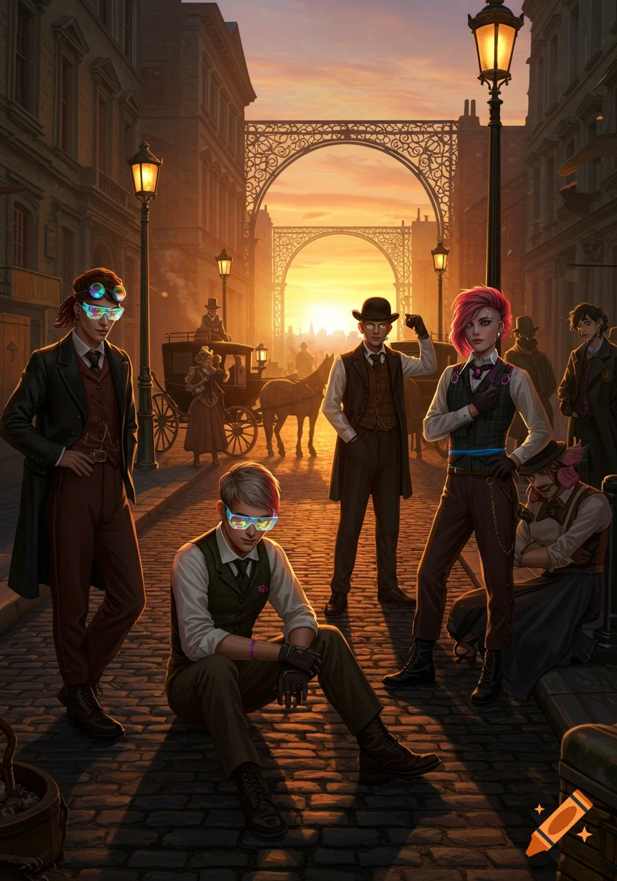 A group of young people in steampunk Victorian attire with futuristic glasses on a cobblestone street at sunset, with buildings and a carriage.