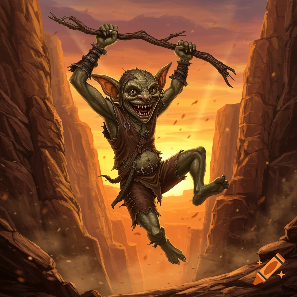 A grinning goblin jumps, holding a stick, against a vibrant sunset in a rocky canyon. Illustration.