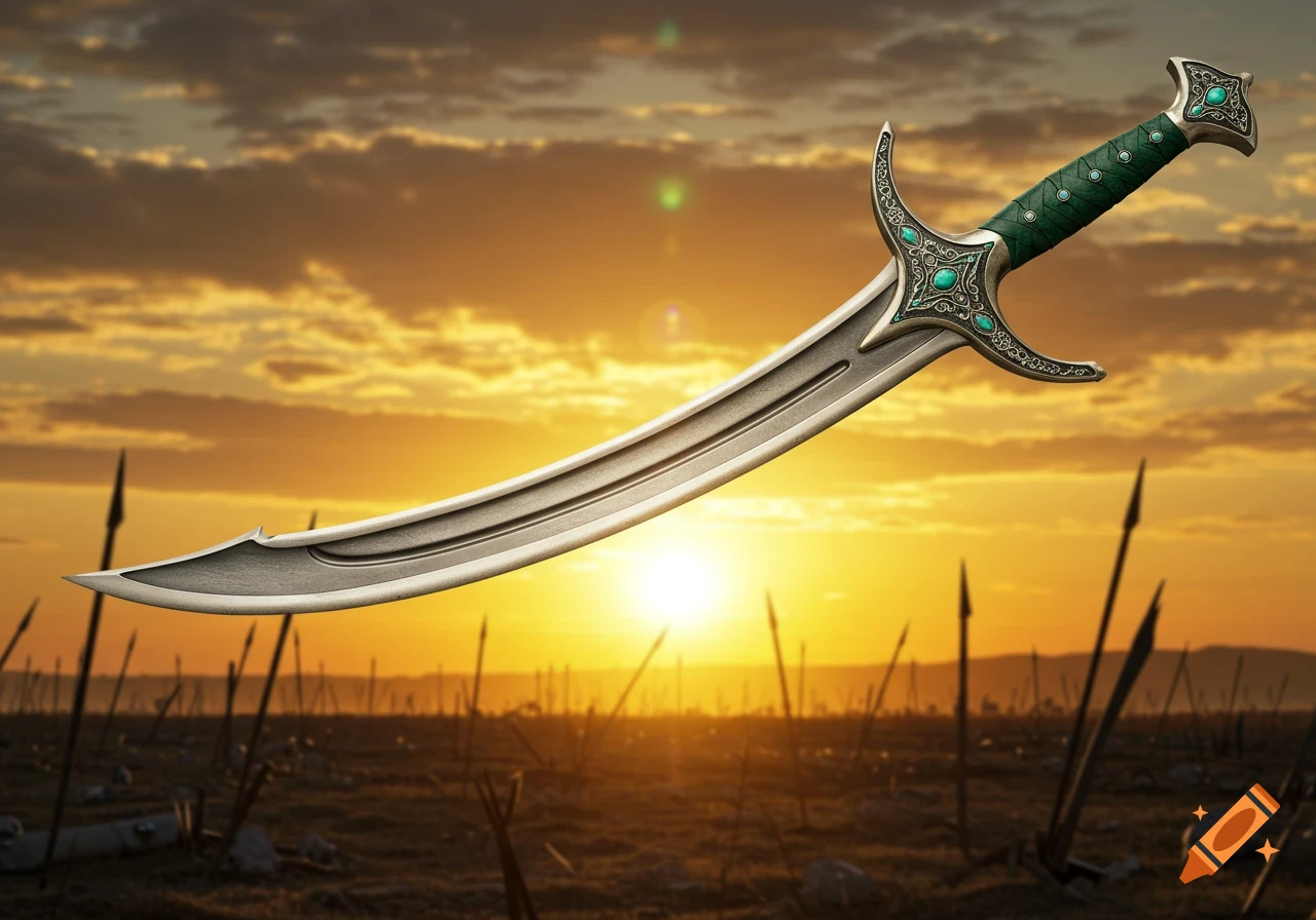 A detailed hybrid sword with a green hilt and turquoise inlays floats above a battlefield at sunset with spears sticking out of the ground.