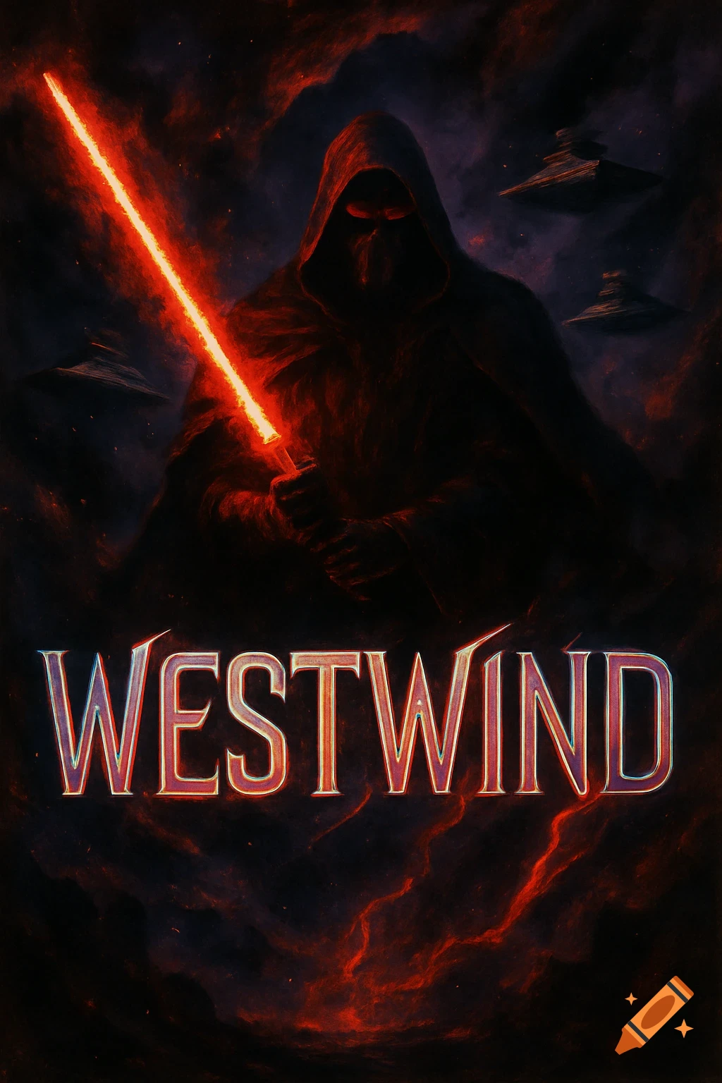 A dark hooded figure wields a glowing red lightsaber, with Imperial Star Destroyers in a fiery, nebulous sky. The word "WESTWIND" is below.