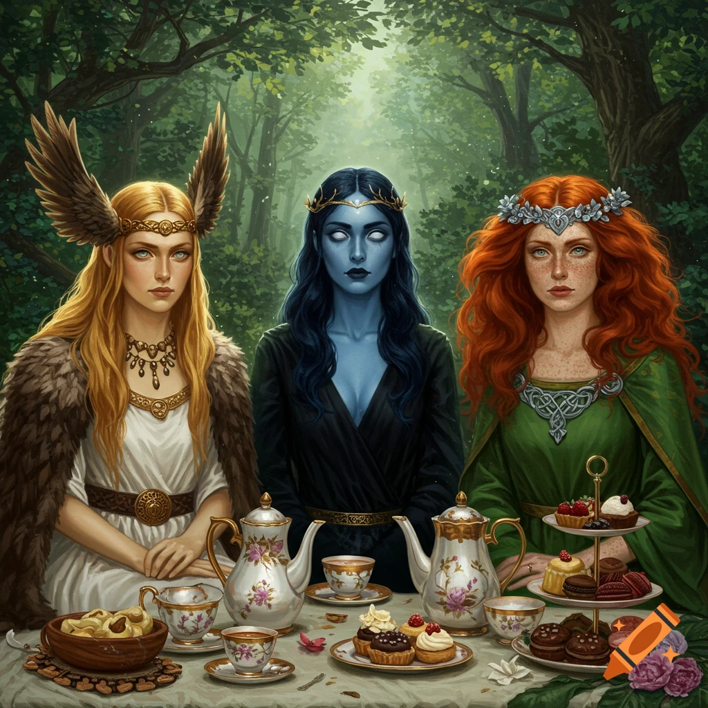 Three goddesses, one blonde with winged headpiece, one blue-skinned, and one red-haired, at a fancy tea party in a magical forest, oil painting style.