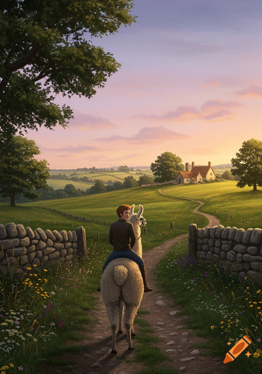 A person rides a llama down a dirt path through green fields with stone walls, towards a distant house under a sunset sky.