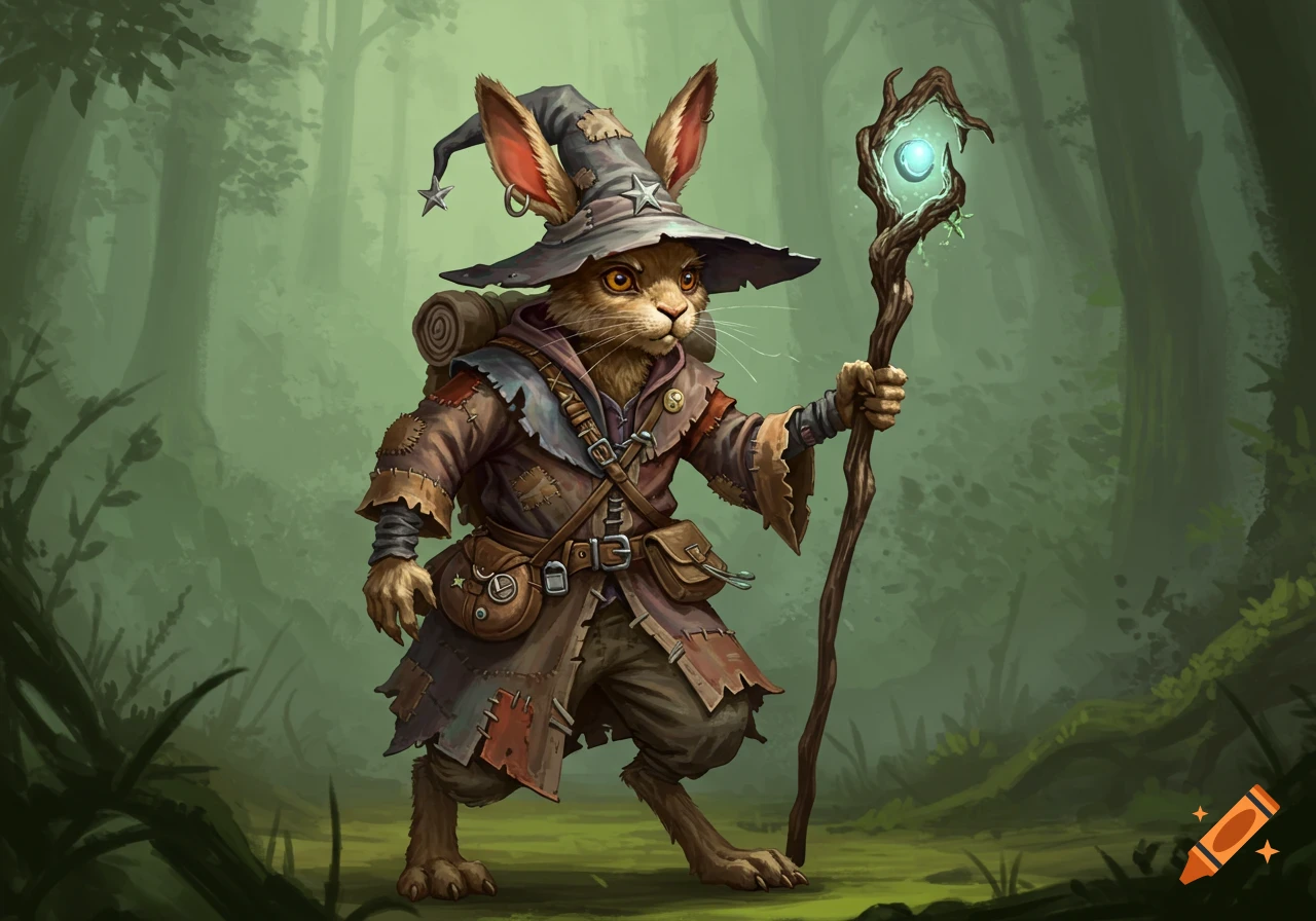 A rabbit-like wizard in patched robes and a large wizard hat, holding a gnarled wooden staff with a glowing orb, stands in a mystical forest.
