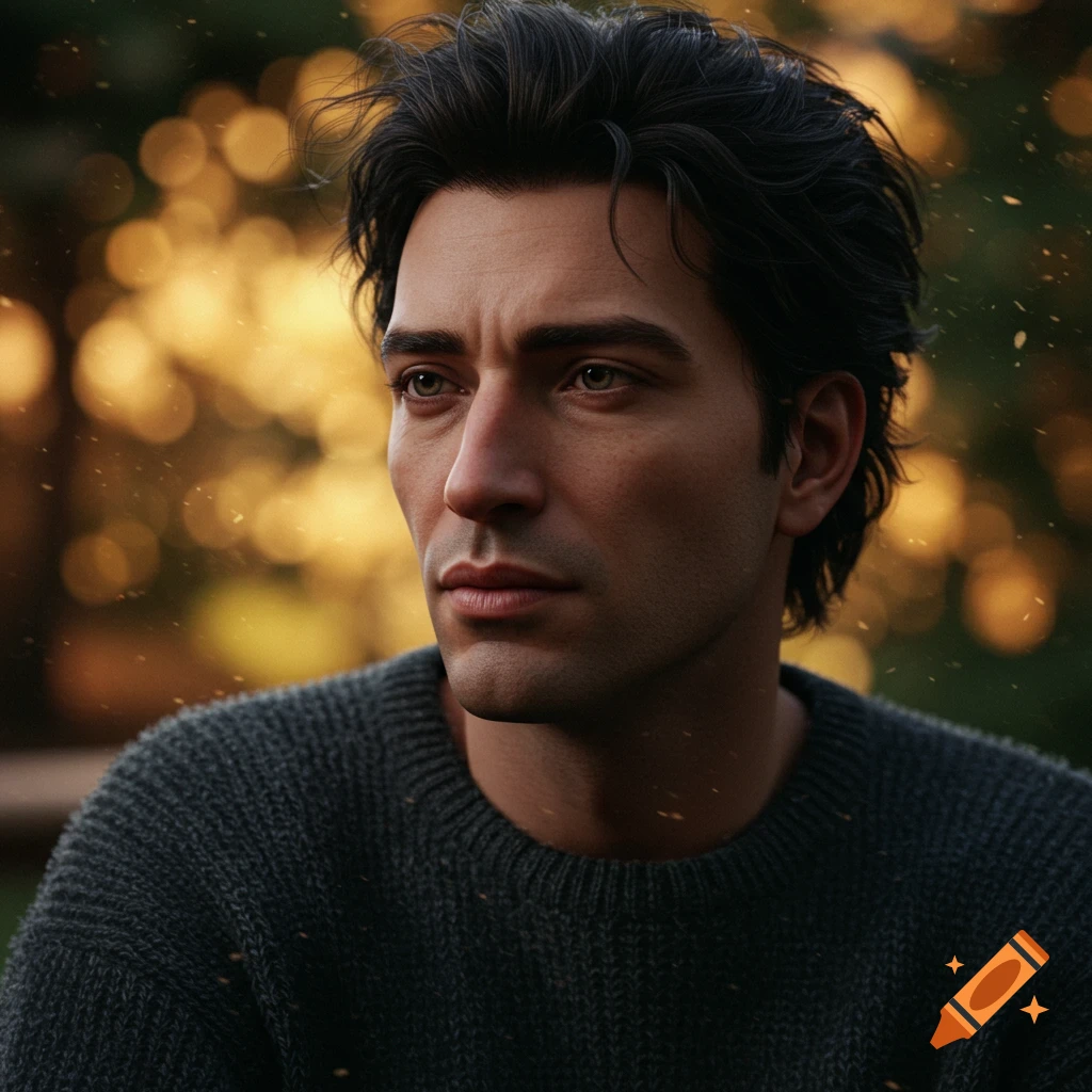 Photorealistic portrait of a thoughtful man with dark hair in a gray sweater, with a blurred golden bokeh background.