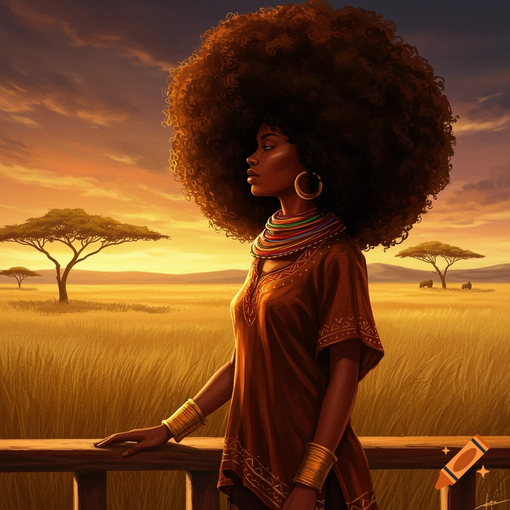 African woman with a large afro and traditional attire looking at a savanna sunset, digital painting.