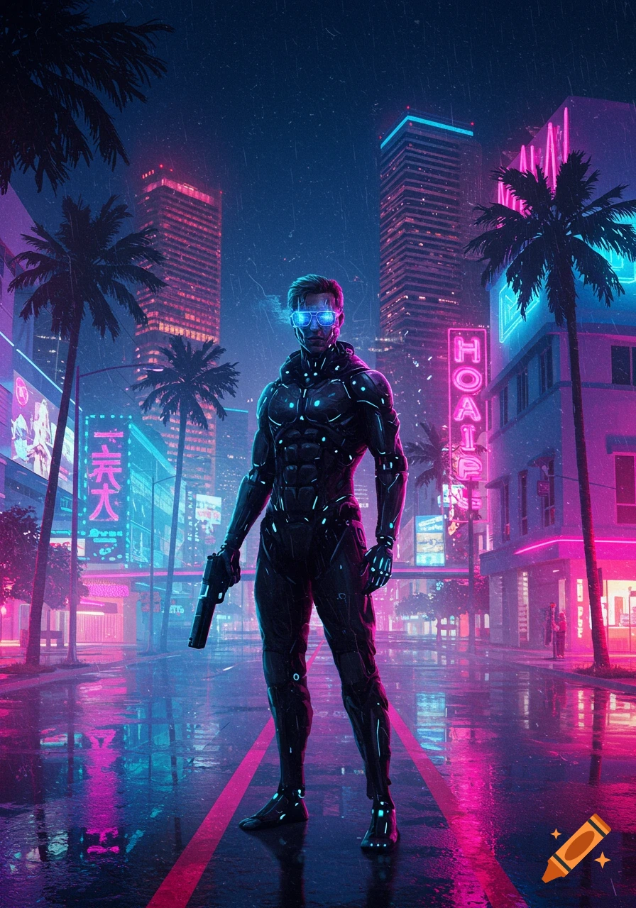 A futuristic character in a sleek black suit and glowing blue visor stands on a wet street in a neon-lit cyberpunk city at night, holding a pistol.
