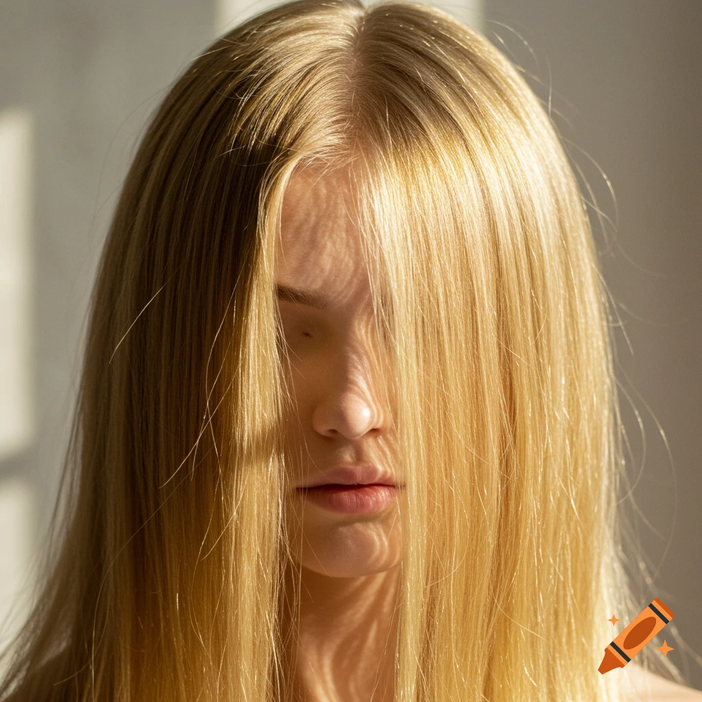 A blonde young woman's face is obscured by her long hair, with sunlight dappling her skin.