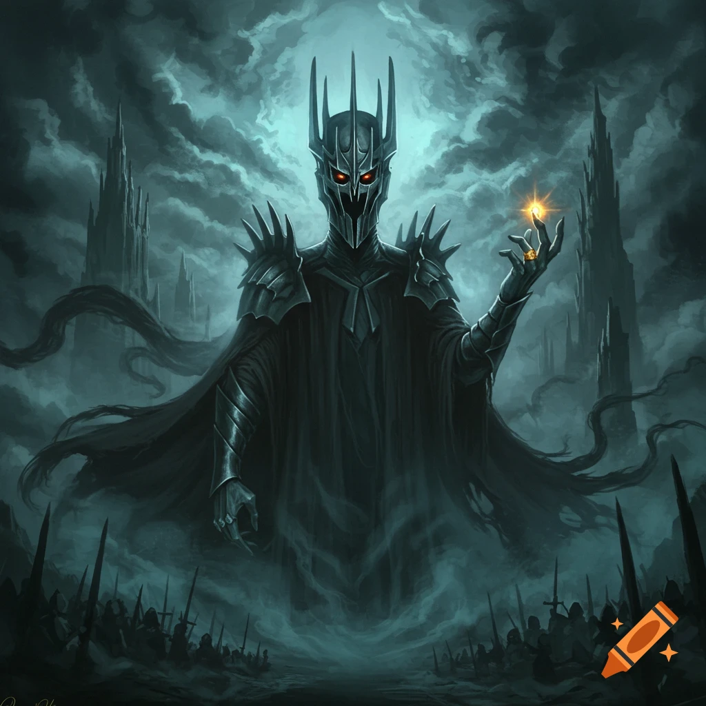 A dark fantasy illustration of a menacing armored lord with glowing red eyes, holding a golden ring, with dark towers and an army in a misty landscape.