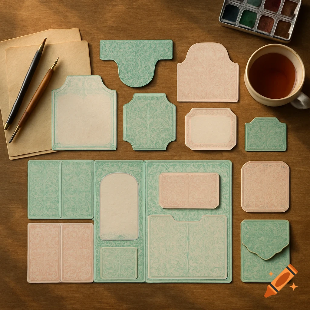 Overhead view of pastel green and pink lapbook templates, pens, watercolor palette, and a cup of tea on a wooden table.