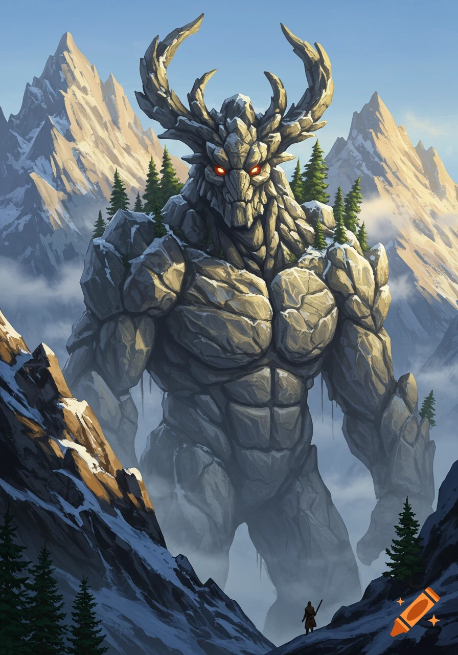 A massive rock monster with glowing red eyes and horns stands in a snowy mountain range, dwarfing a small human figure below. Digital art.