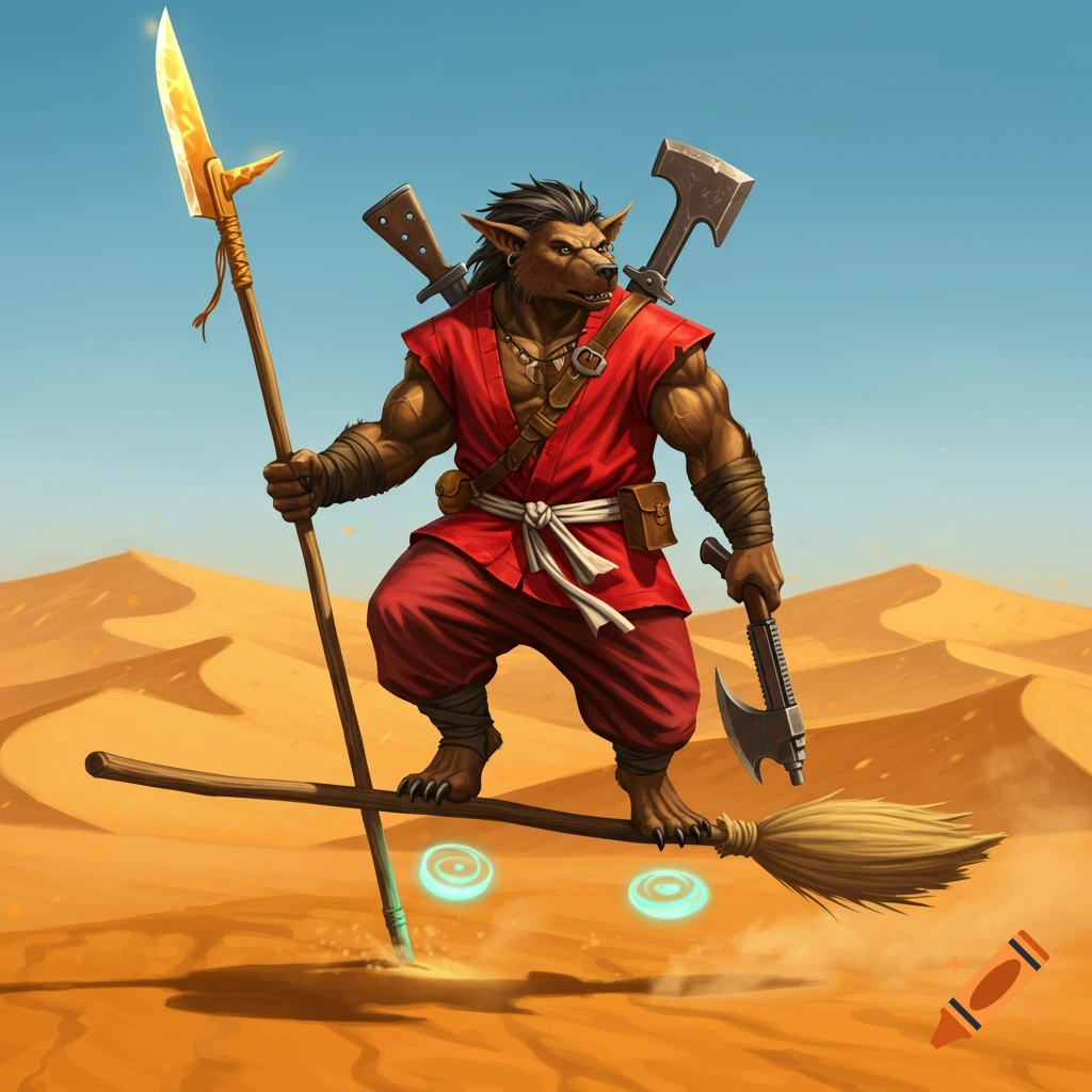 A muscular bugbear in red clothing stands on a flying broom in a desert, holding a spear and an axe, with a rifle on its back.