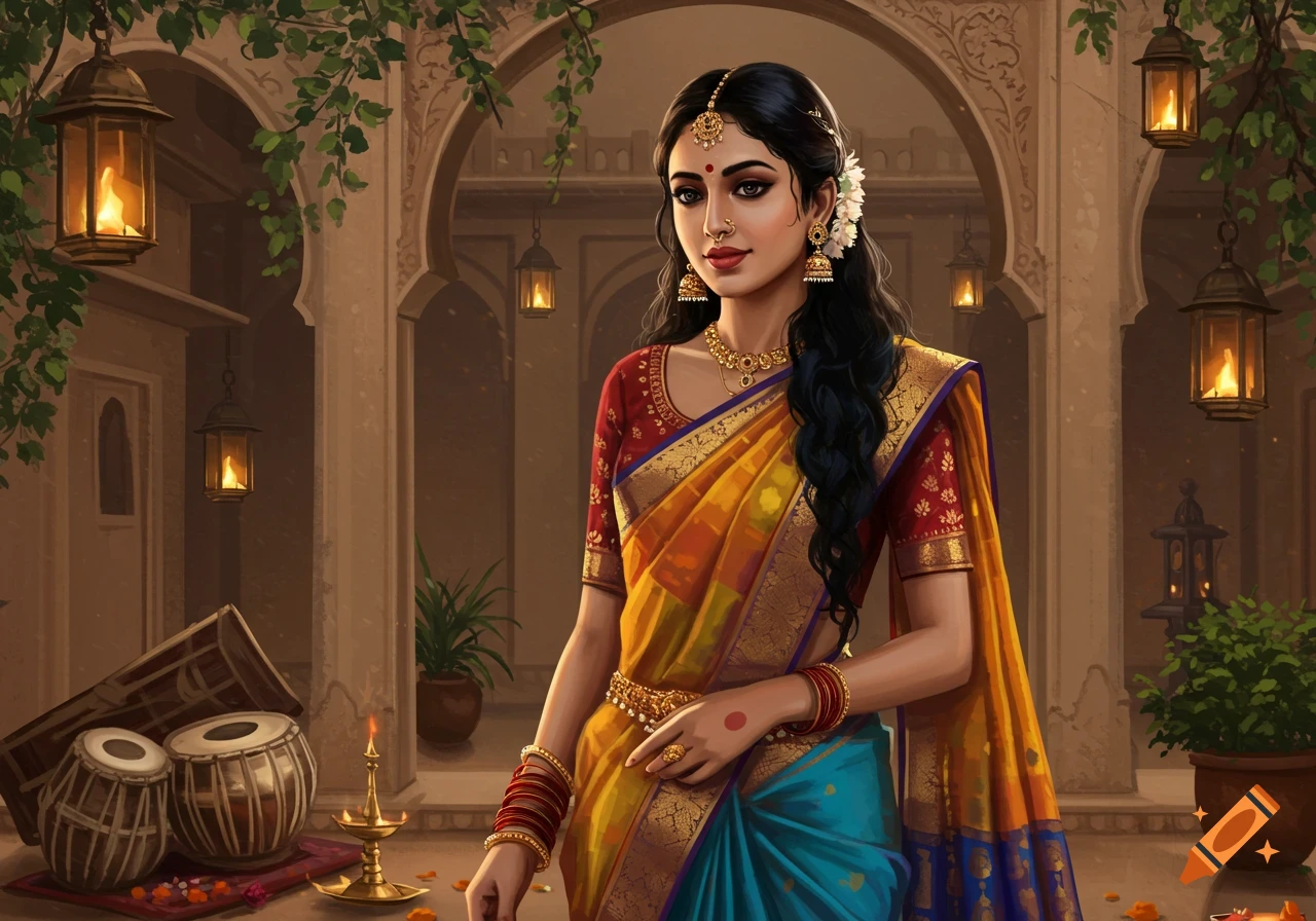 A beautiful Indian woman in a colorful saree and traditional jewelry stands in a courtyard with lanterns and tablas.