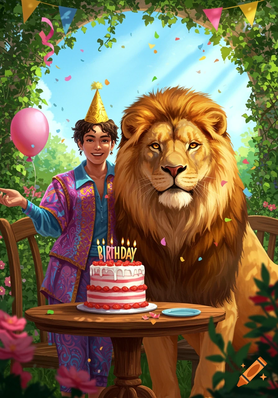 A person wearing a party hat with a lion at a birthday party in a lush garden, with a cake that says 'BIRTHDAY'.