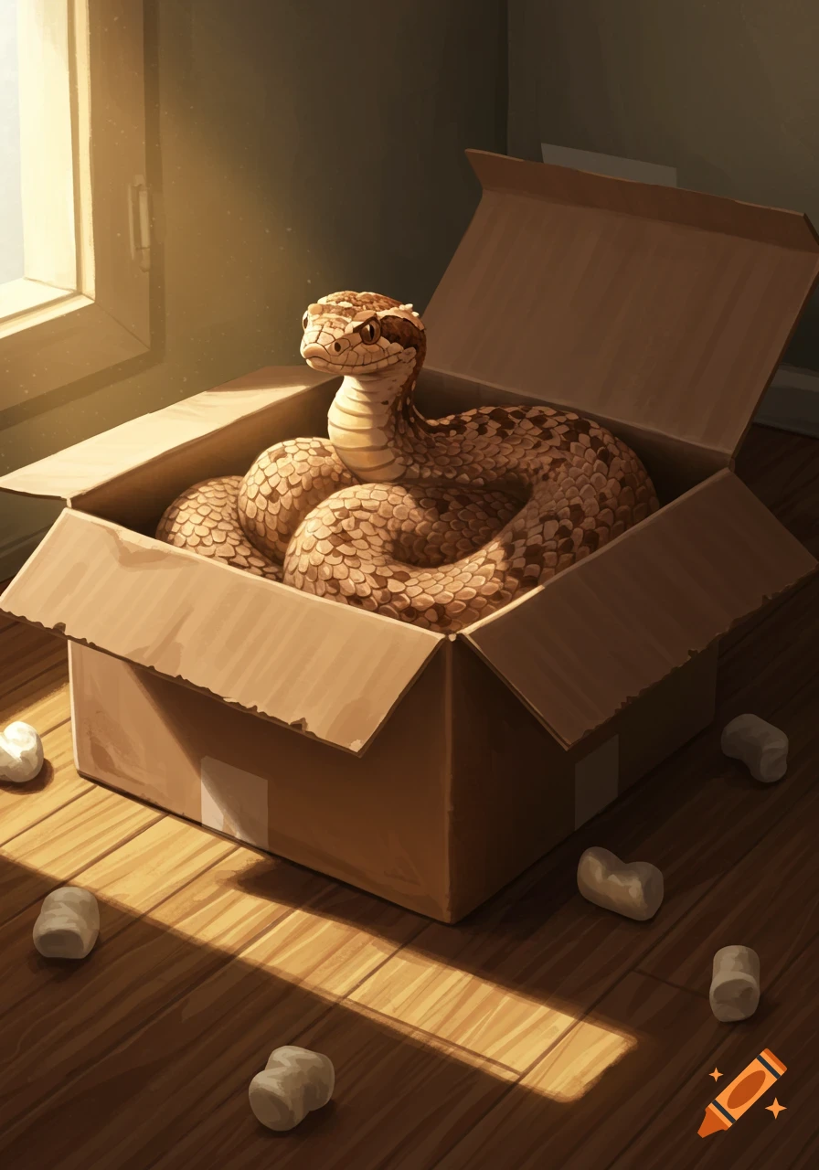 An illustrated hognose snake curled inside an open cardboard box on a sunlit wooden floor with packing peanuts.