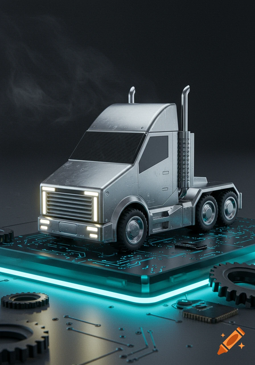 A silver, futuristic truck on a glowing blue circuit board platform with gears and chips, in a clean 3D render style.