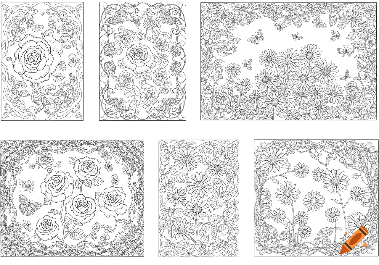 Six black and white floral coloring pages featuring roses, daisies, leaves, and butterflies in intricate line art.