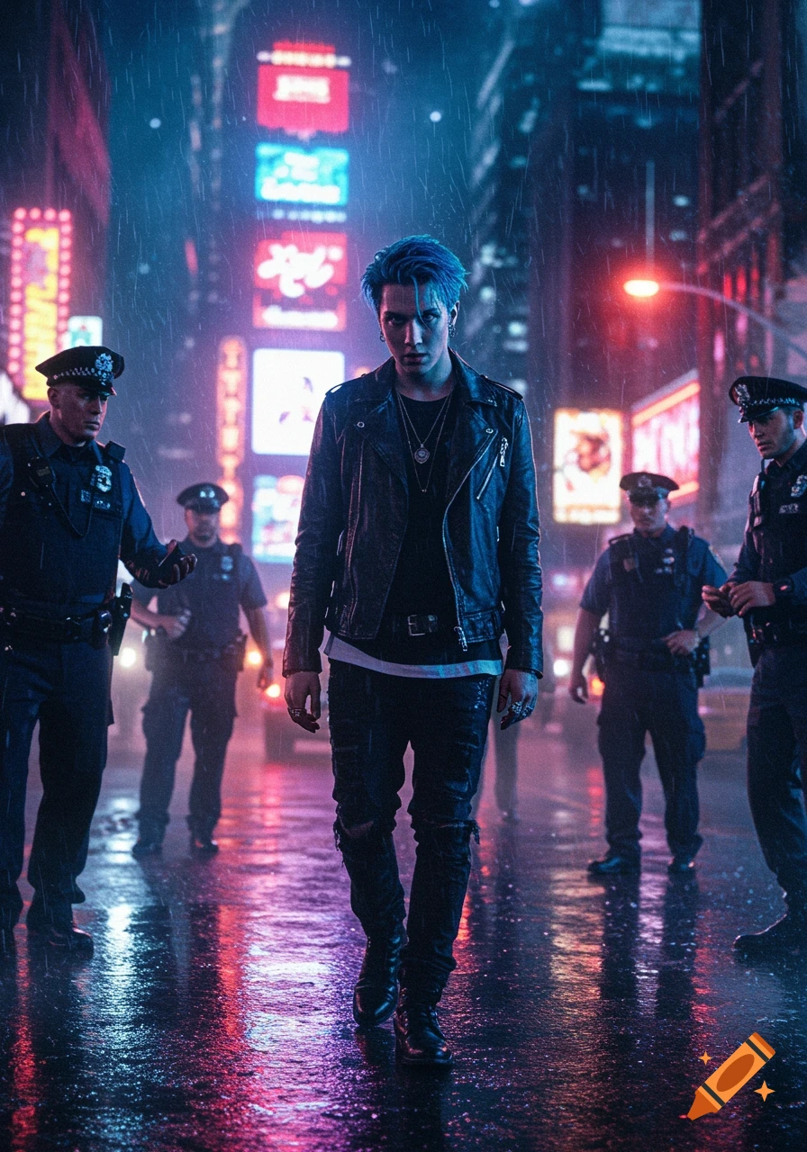 A man with blue hair and a leather jacket walks on a rainy, neon-lit city street at night, with several police officers in the background.