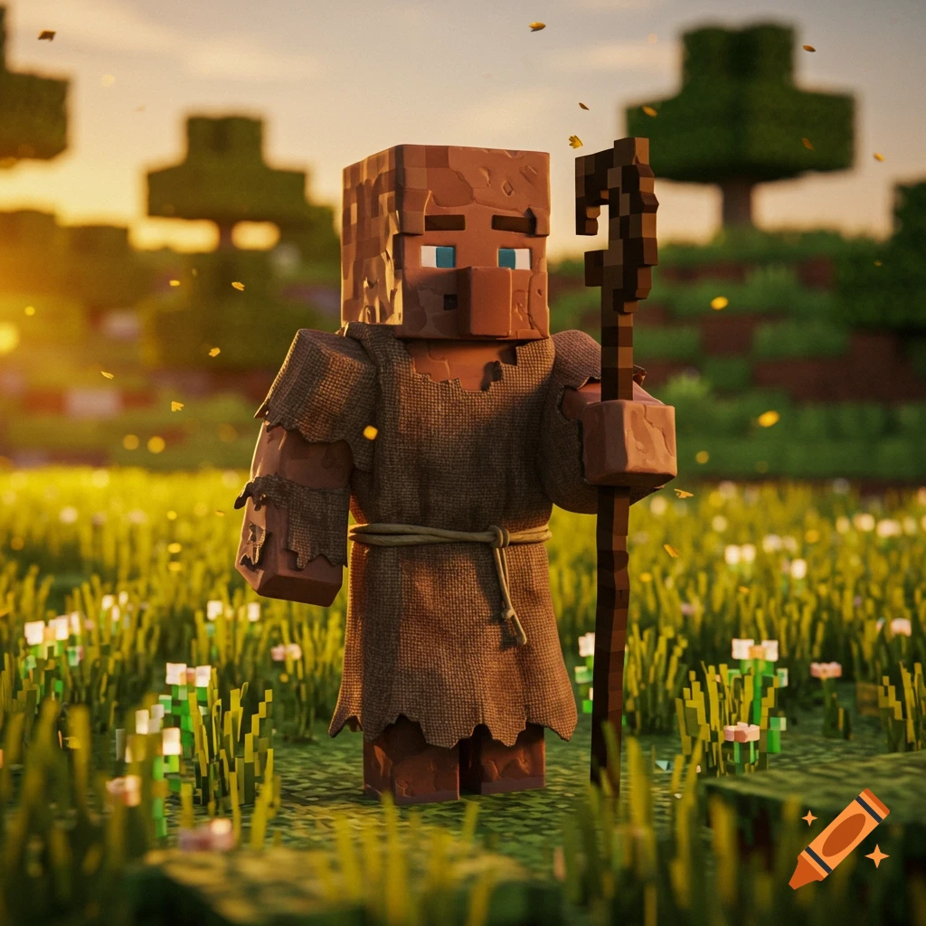 A blocky Minecraft villager with a large nose stands in a grassy field holding a staff, illuminated by a warm sunset glow.