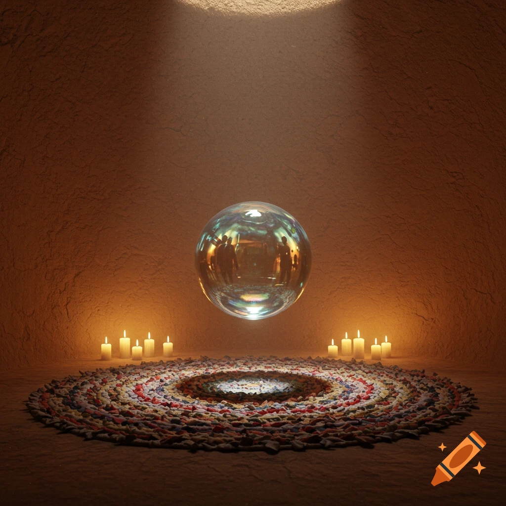 A surreal domed room with packed dirt walls, warm candlelight, and a colorful rag rug. A large, iridescent sphere floats above the rug.