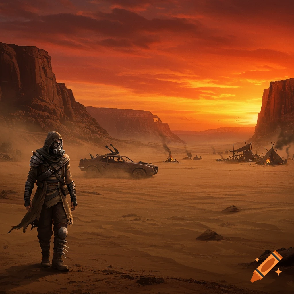 A gas-masked figure in armor stands in a vast, orange-skied desert with a ruined car and shacks, post-apocalyptic.