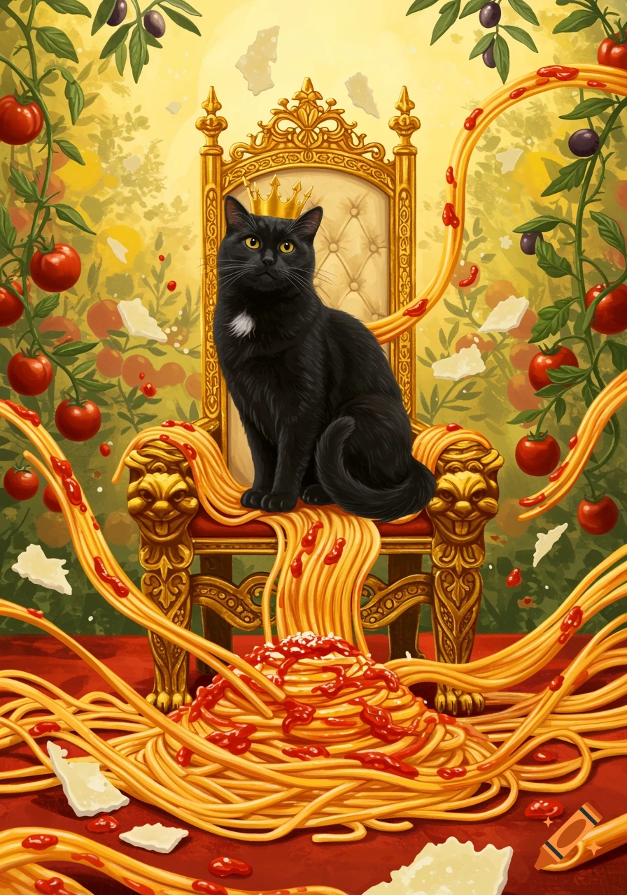 A vibrant illustration of a black cat wearing a golden crown, seated on an ornate throne amidst a messy pile of spaghetti, tomatoes, and parmesan cheese.