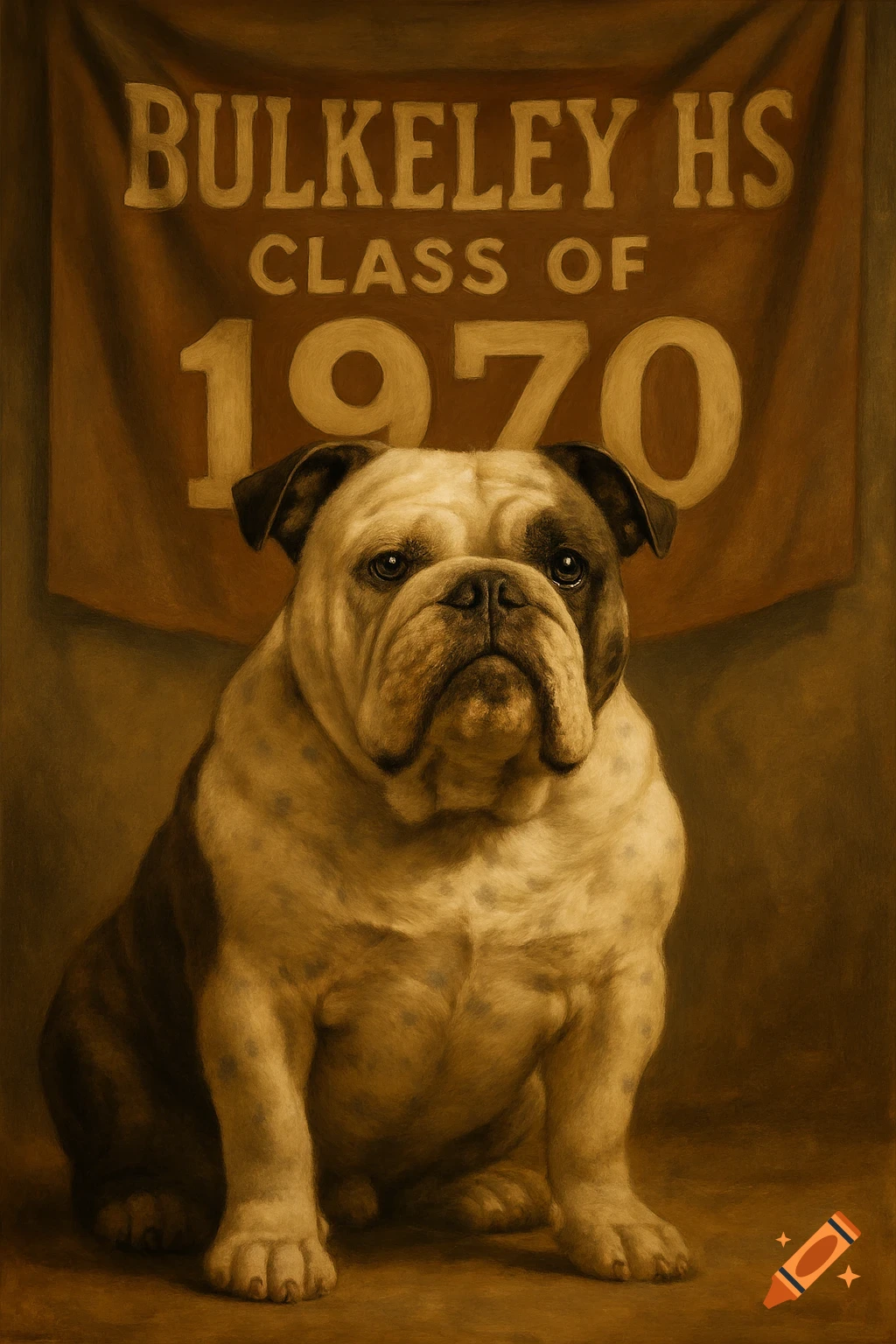 An oil painting of a bulldog sitting in front of a brown banner that reads "BULKELEY HS CLASS OF 1970."
