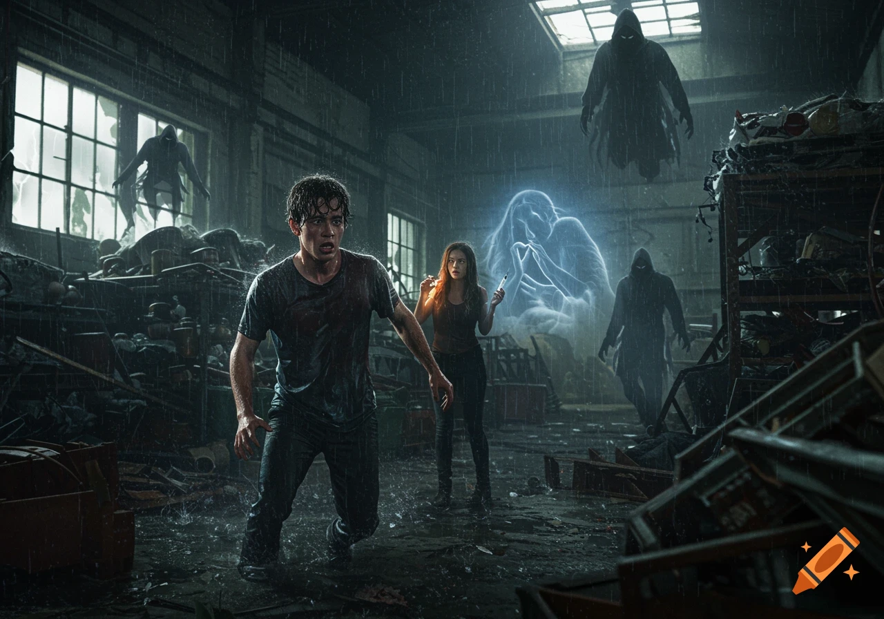 A man and woman face hooded figures and a glowing ghost in a dark, rainy, dilapidated warehouse, photorealistic.