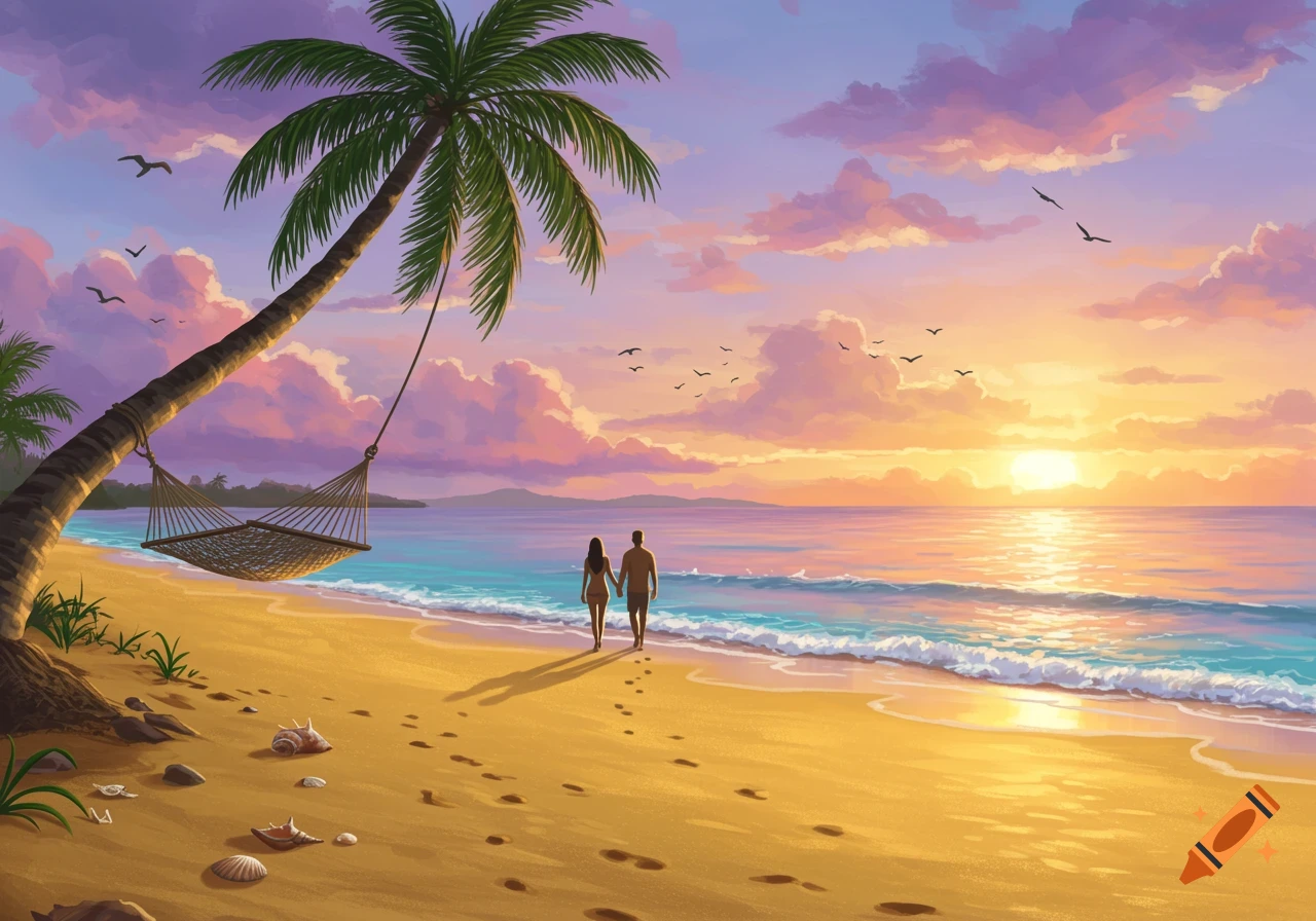 A couple walks hand-in-hand on a tropical beach at sunset, with a palm tree and hammock in the foreground. Digital painting.