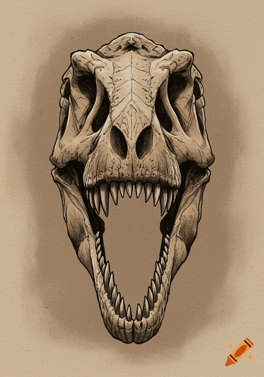 Front-facing T-rex skull drawing on a beige background.
