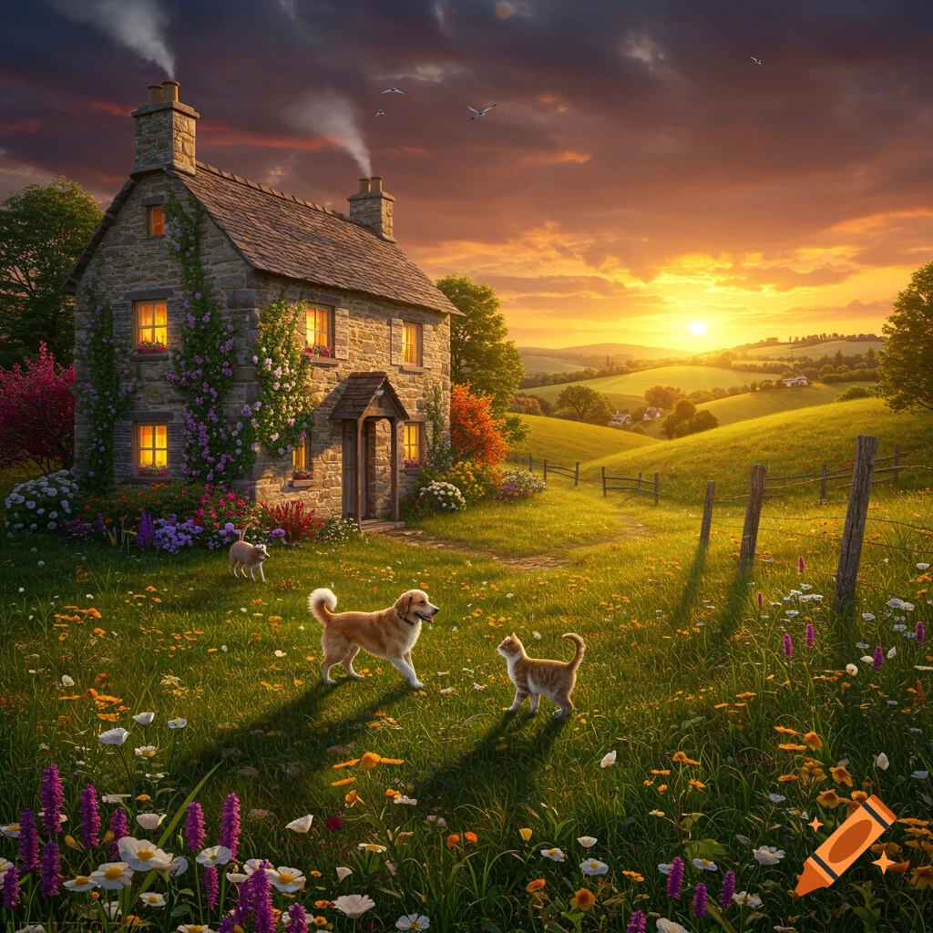 A quaint stone cottage nestled in a vibrant green meadow filled with wildflowers at sunset. A dog and a cat walk through the grass.