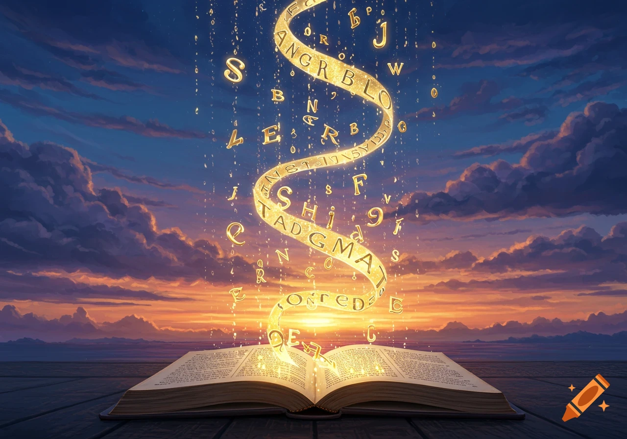An open book on a wooden surface at sunset, with golden glowing letters rising from its pages in a spiral and raining down, against a sky with orange and blue clouds.