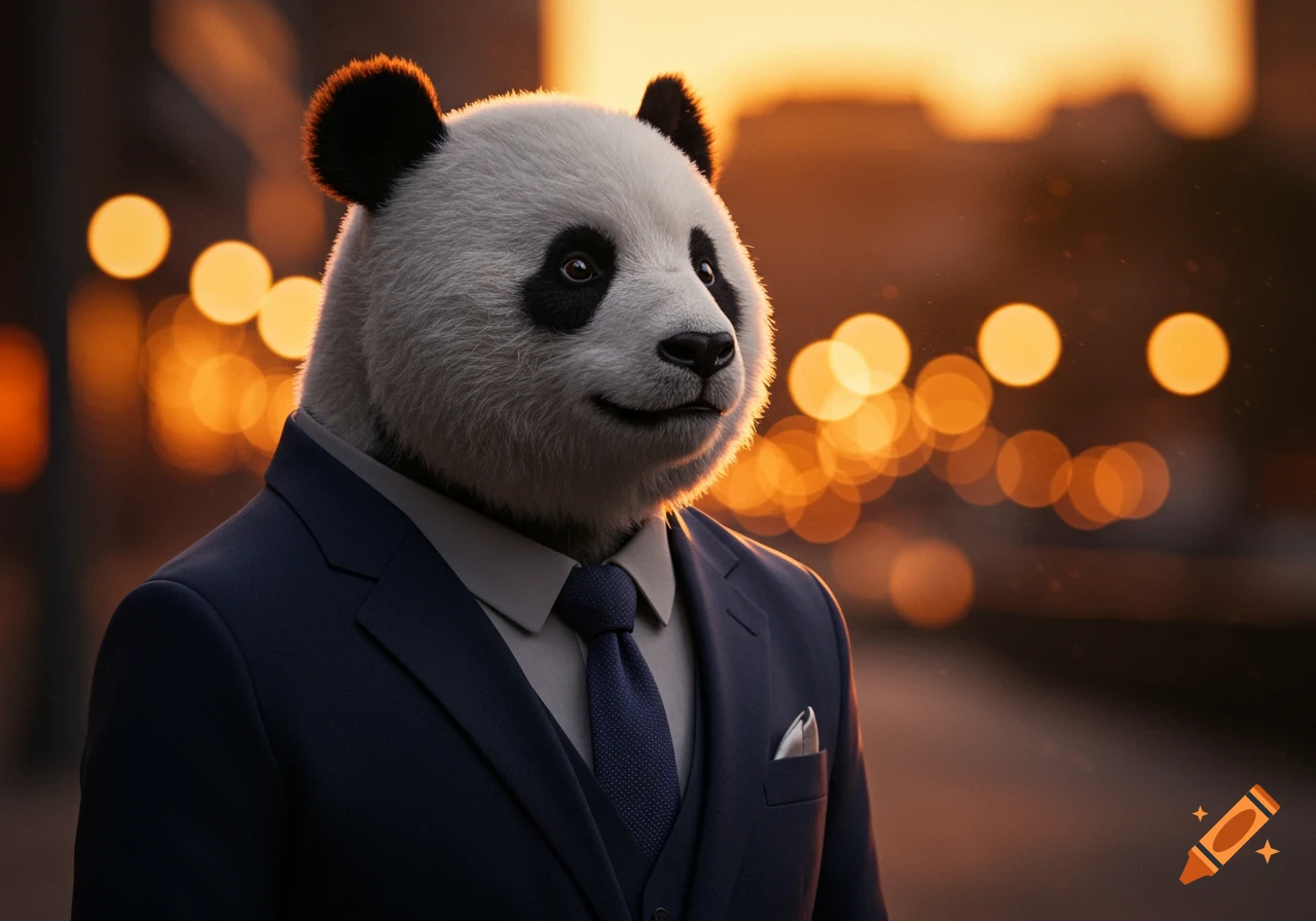 A photorealistic panda wearing a dark suit, white shirt, and blue tie, standing outdoors during golden hour with blurred lights in the background.