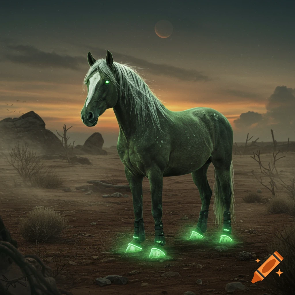 A green horse with glowing eyes and hooves stands in a desolate desert landscape under an orange sunset.