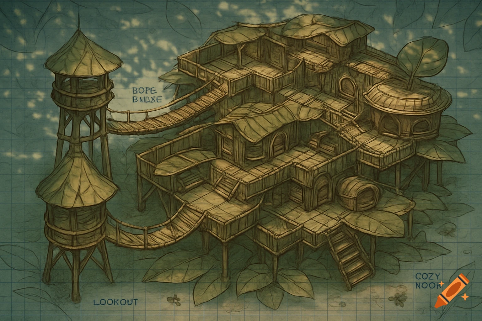 An isometric blueprint drawing of a multi-level fantasy base with towers, bridges, and leaf-like roofs, on a grid background.