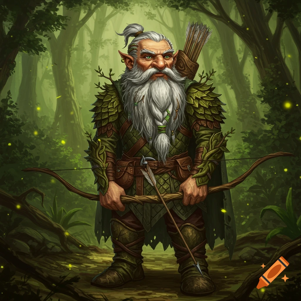 A gnomish ranger with a voluminous white beard and green leaf armor stands in a mystical forest, holding a longbow and quiver of arrows.