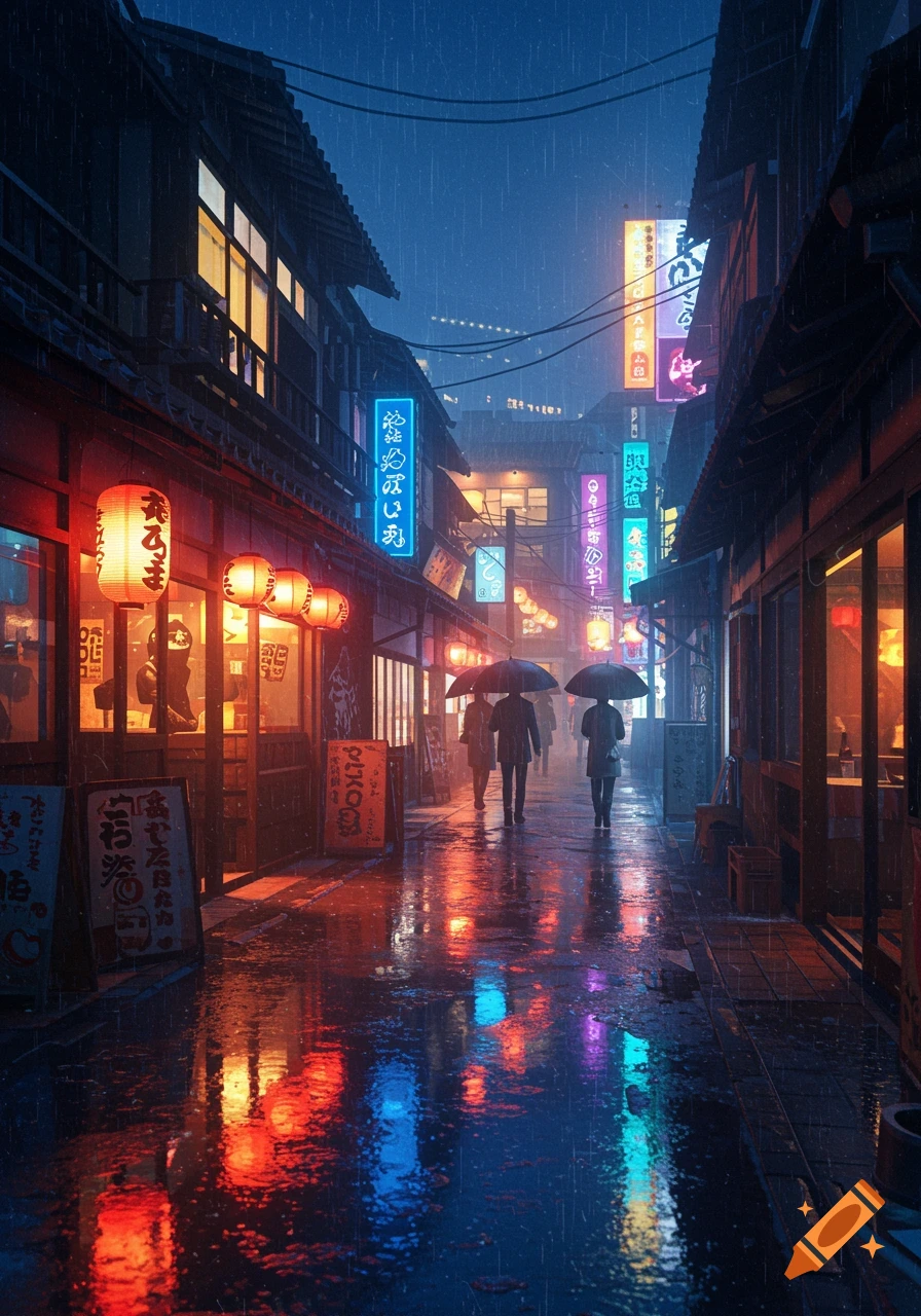 A rainy night in a Japanese street, illuminated by vibrant neon signs and red lanterns, with people carrying umbrellas.