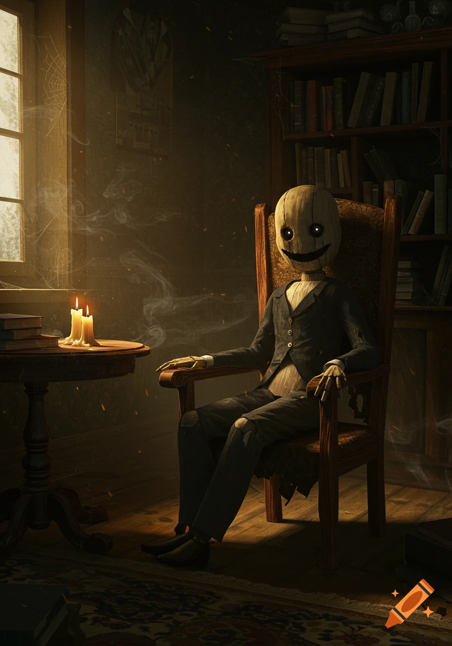 A creepy wooden dummy with glowing eyes and a wide carved smile sits in an armchair in a dimly lit, dusty room with bookshelves and candles.