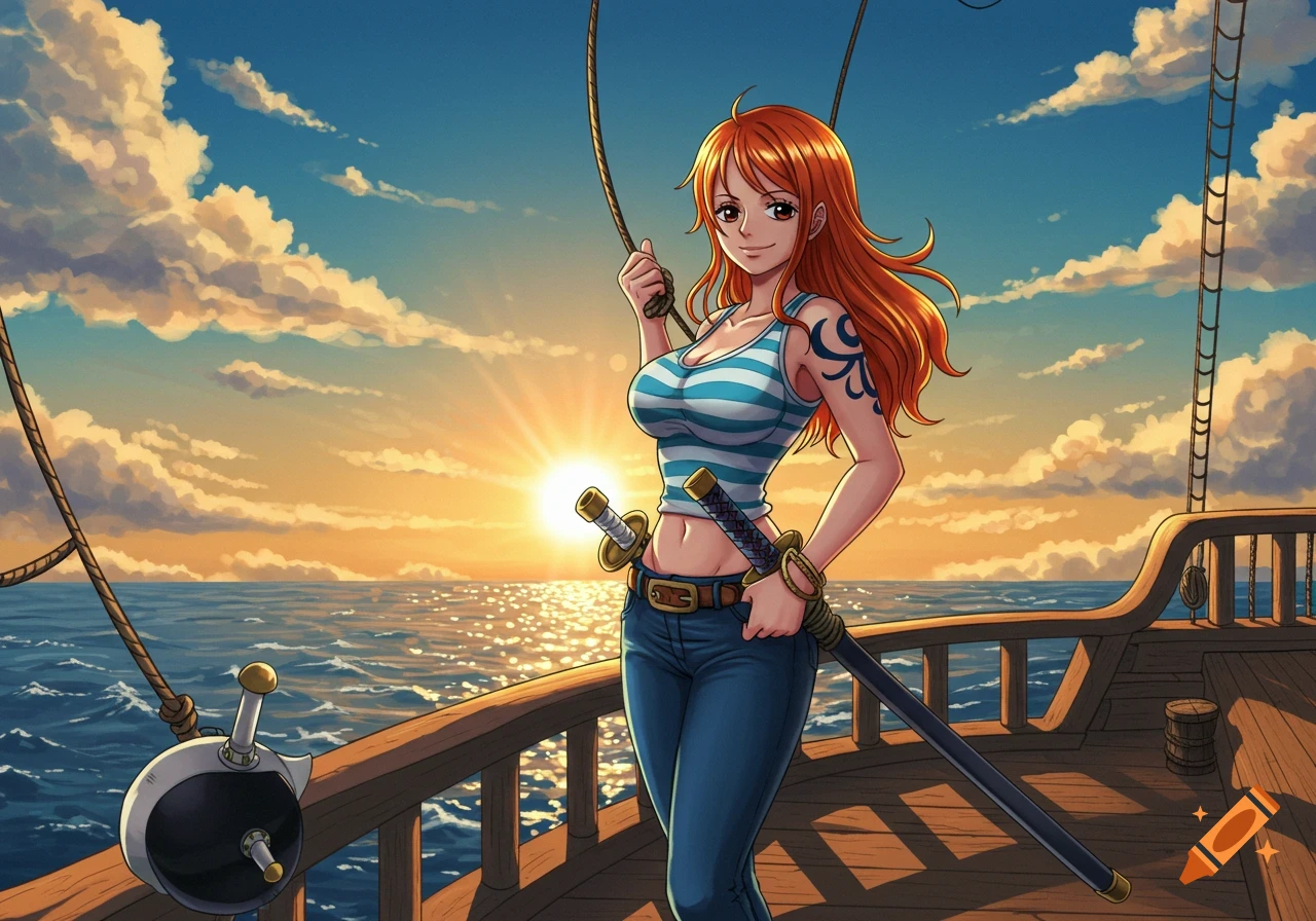 An anime character with orange hair, Nami from One Piece, stands on a ship deck at sunset, holding a rope and two swords.