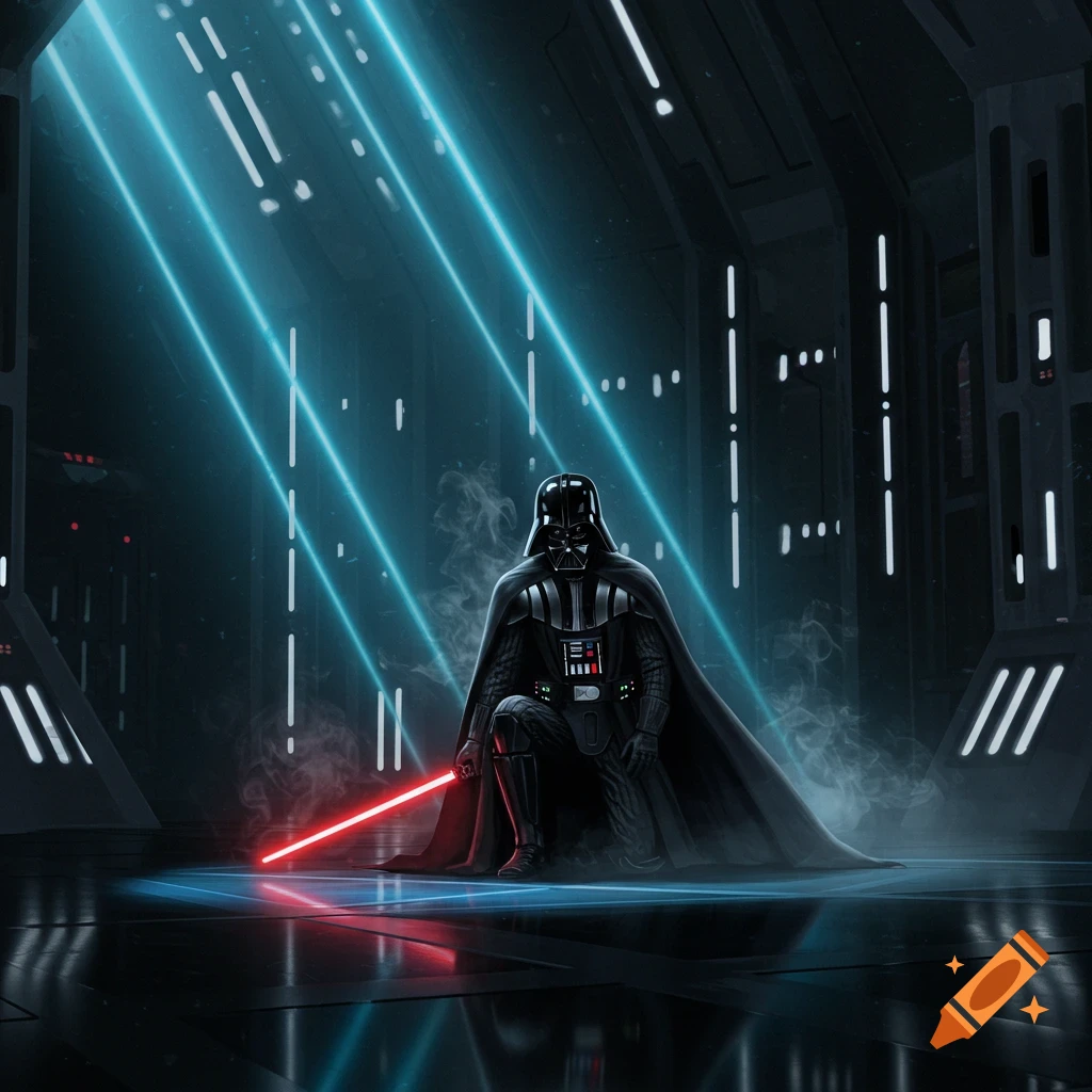 Darth Vader kneels in a dark, futuristic room with blue light beams shining down and a red lightsaber.