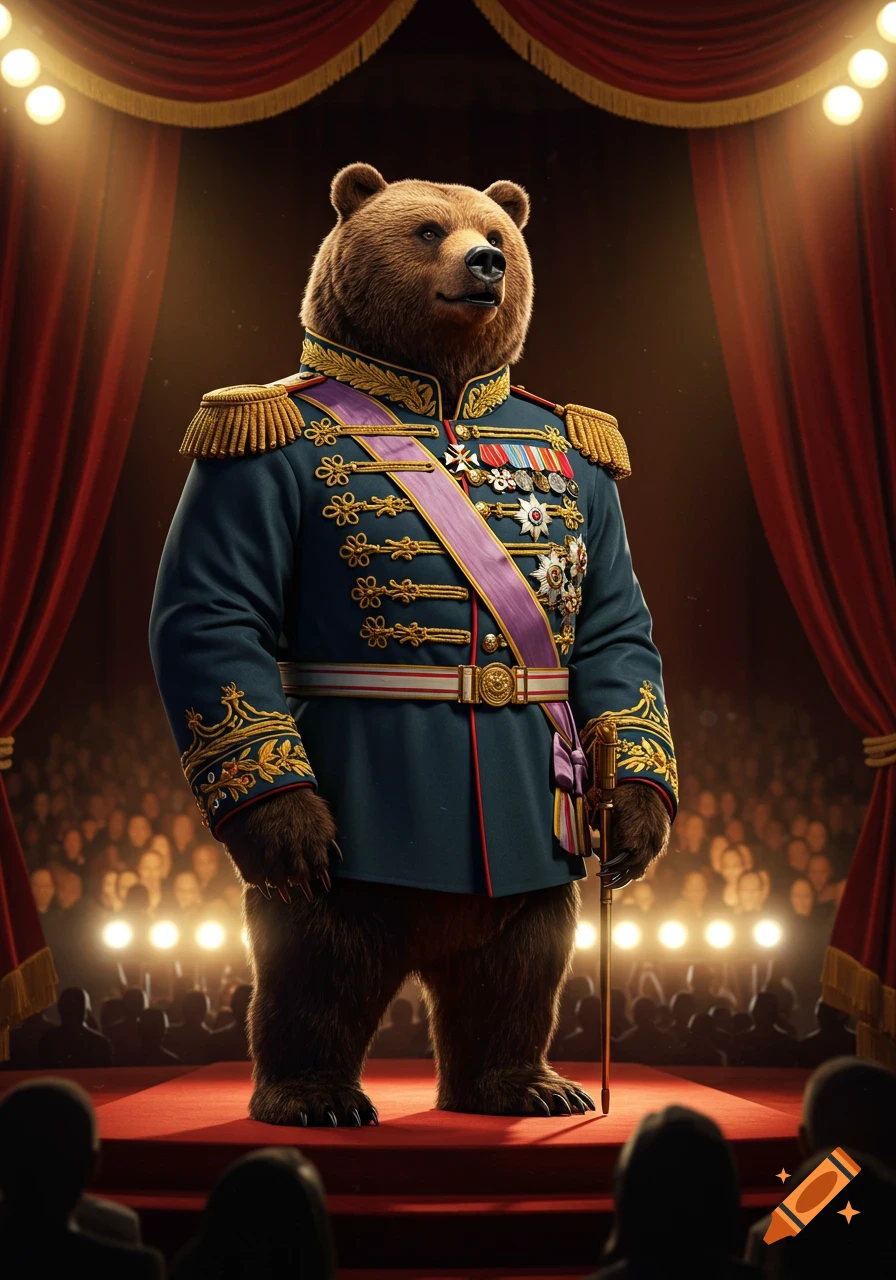 A photorealistic brown bear in a blue military uniform with gold trim and medals stands on a red stage, holding a cane.