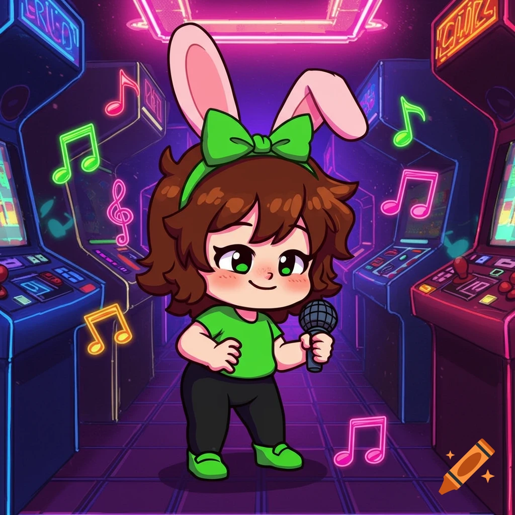 A cute, chibi-style character with bunny ears and a green bow holds a microphone in a neon-lit arcade, surrounded by floating musical notes.