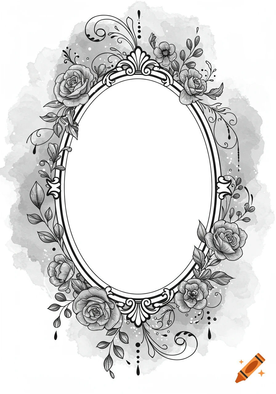 Black and white illustration of an ornate oval frame surrounded by roses, vines, and leaves with a watercolor background.