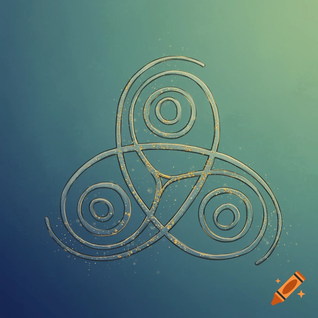A metallic triquetra or triskele symbol with three spiral arms and golden flecks on a blue to green gradient background.