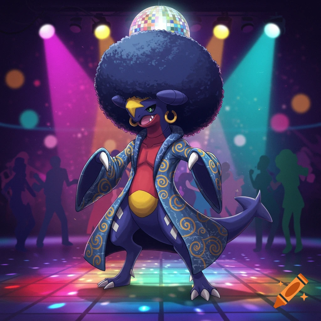 Garchomp wearing a large dark blue afro and a blue and gold patterned disco robe, standing on a colorful disco floor under spotlights.